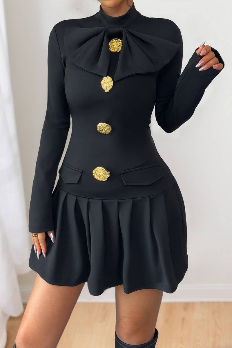 CWDSD8735_BOW BUTTON MOCK NECK LONG SLEEVE FALL DRESS