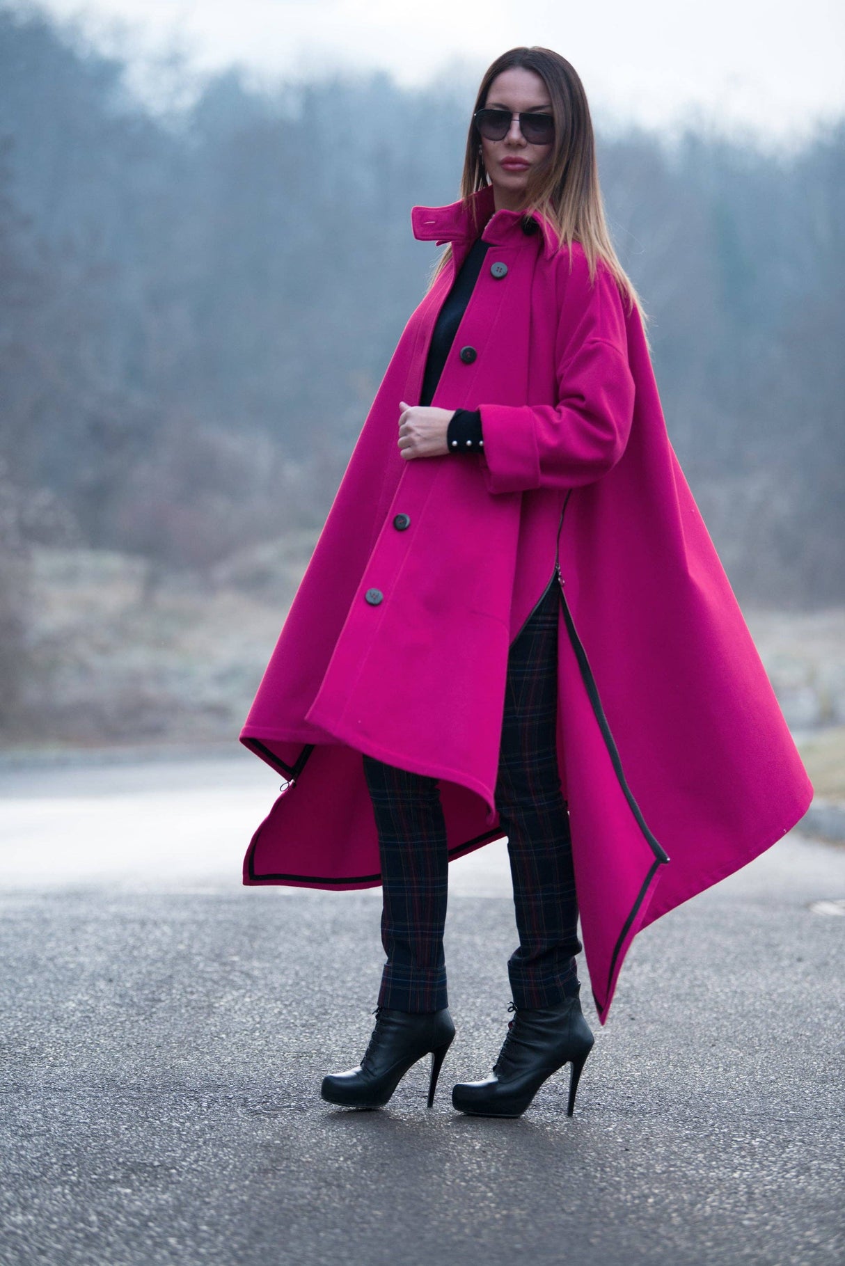 Hot Pink Women Loose Winter Coat Federica