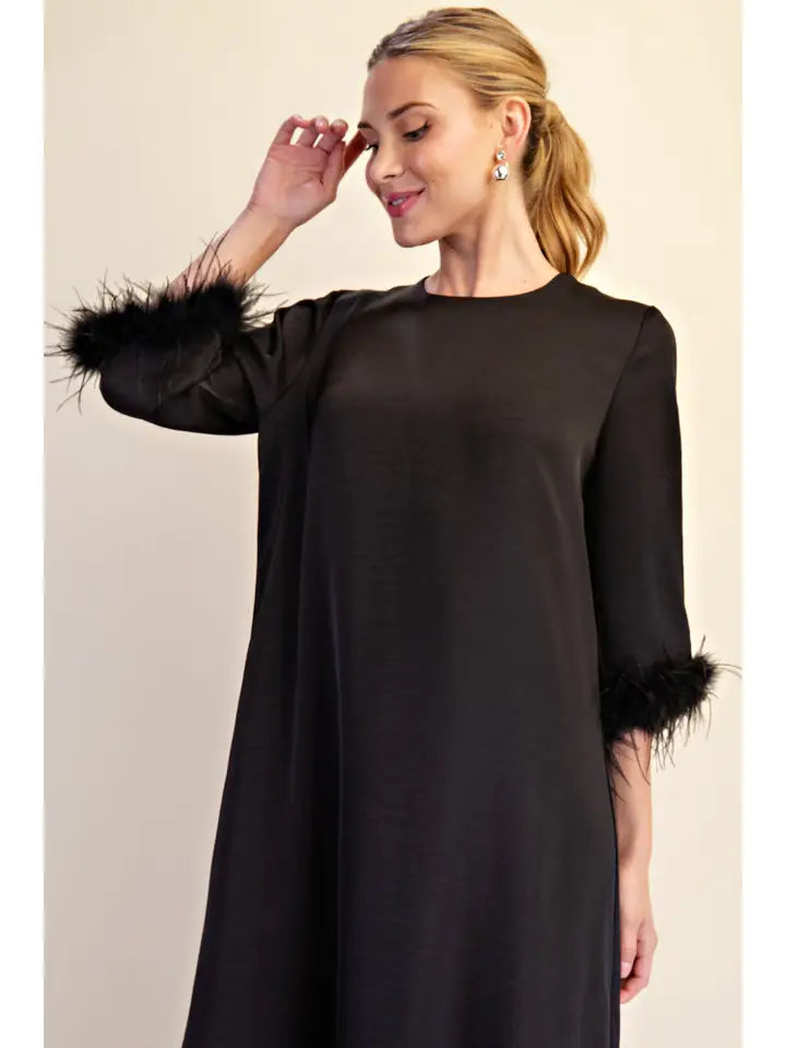 D8619 Feather Trim Evening Midi Dress