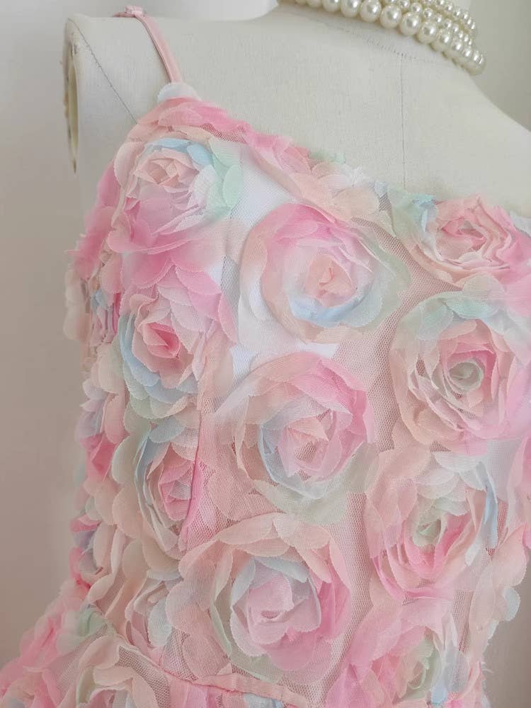 DR508 3D Rose Lace Pink Off-shoulder Holiday Suspender Dress