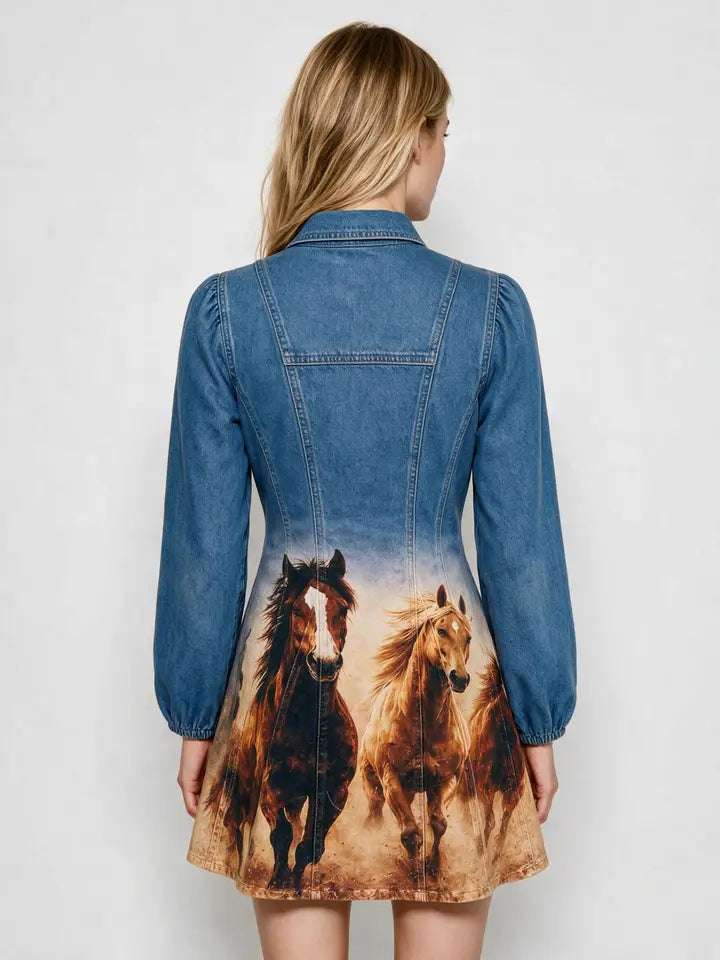 60040D Western Horse Print Denim Dress