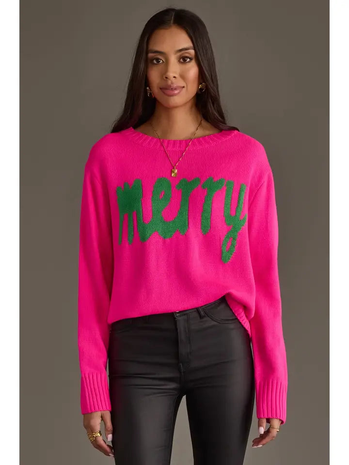 CL-SW-1278 Bright Pink & Green Merry Sweater