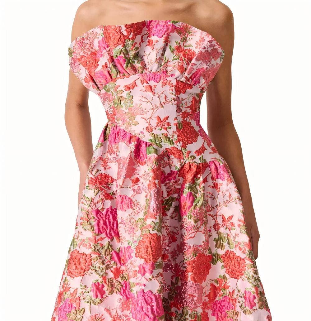 PS15 Pink Floral Jacquard Strapless High-Low Midi Dress