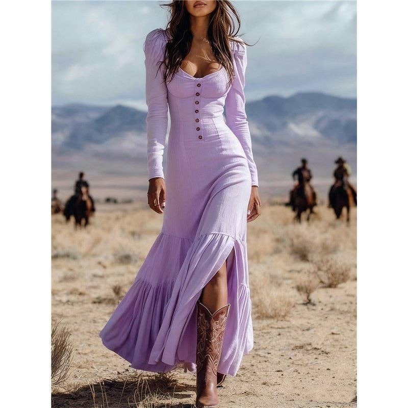 Retro Western Button Ruffle Sleeve Sexy Long Dress