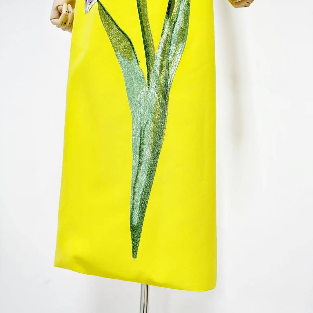 47Y Yellow Retro Tube Top Dress with 3D Floral Embroidery