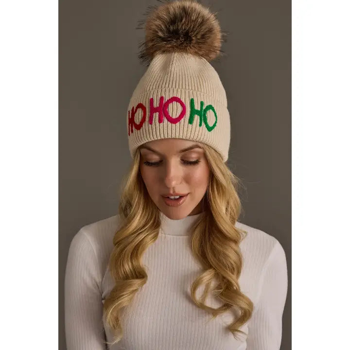 H-802 Beige Ho Ho Ho Knit Pom Hat