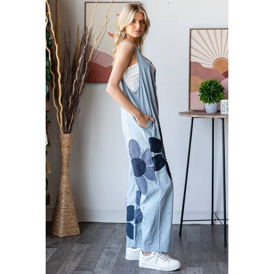 WASHED BIG FLOWER PATCHWORK OVERALL