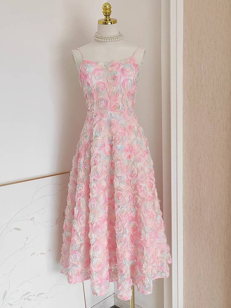 DR508 3D Rose Lace Pink Off-shoulder Holiday Suspender Dress