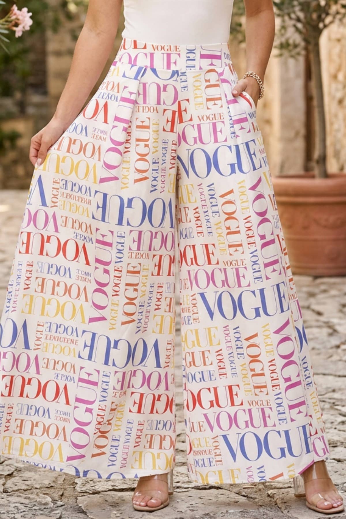 P919WH-MULTIVOGUE2-Women White Multi Vogue Palazzo Wide Pant