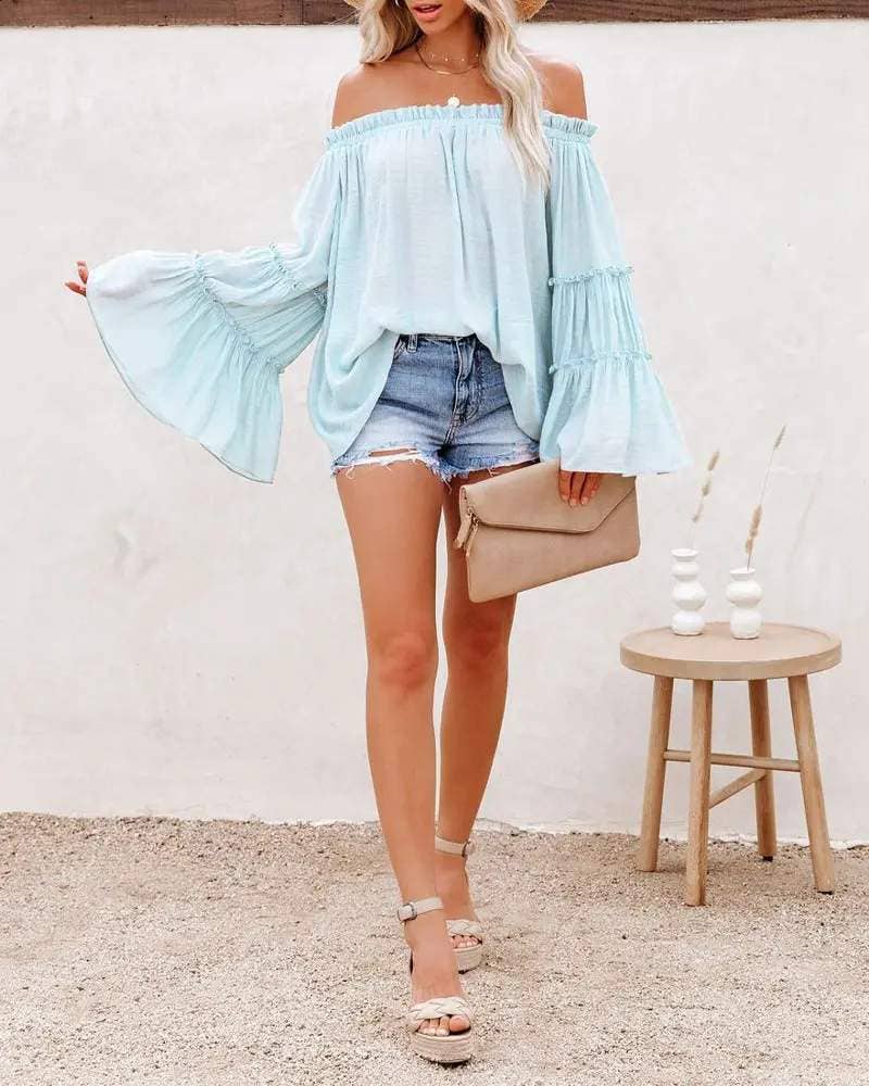 Frill hem off shoulder bell sleeve top