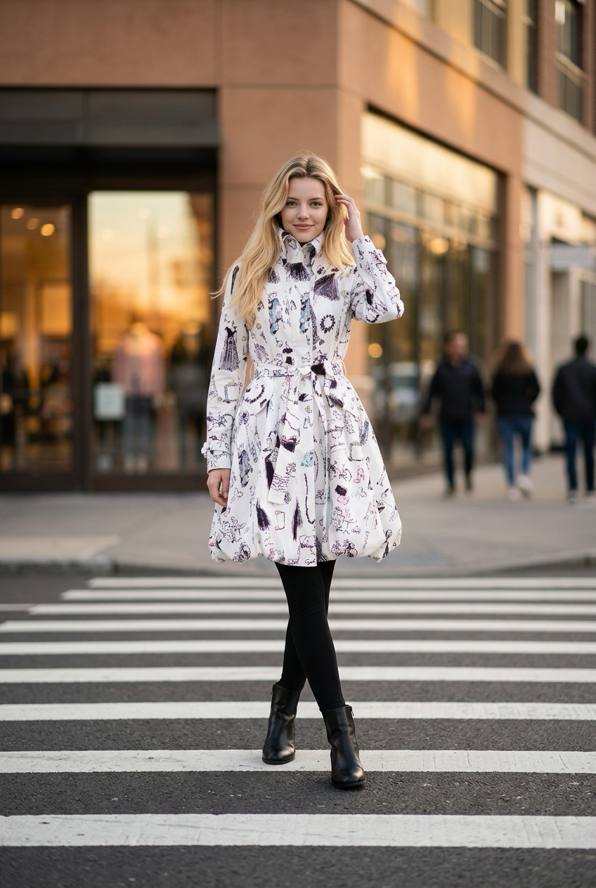 Printed Dupioni Bubble Coat Dress Fully Lined Zipper - 11665