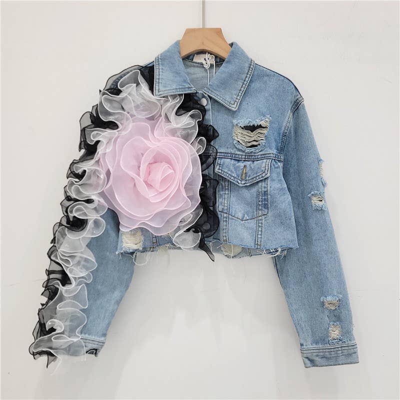 JK141 Mesh Patchwork Ripped Design Short Denim Jacket
