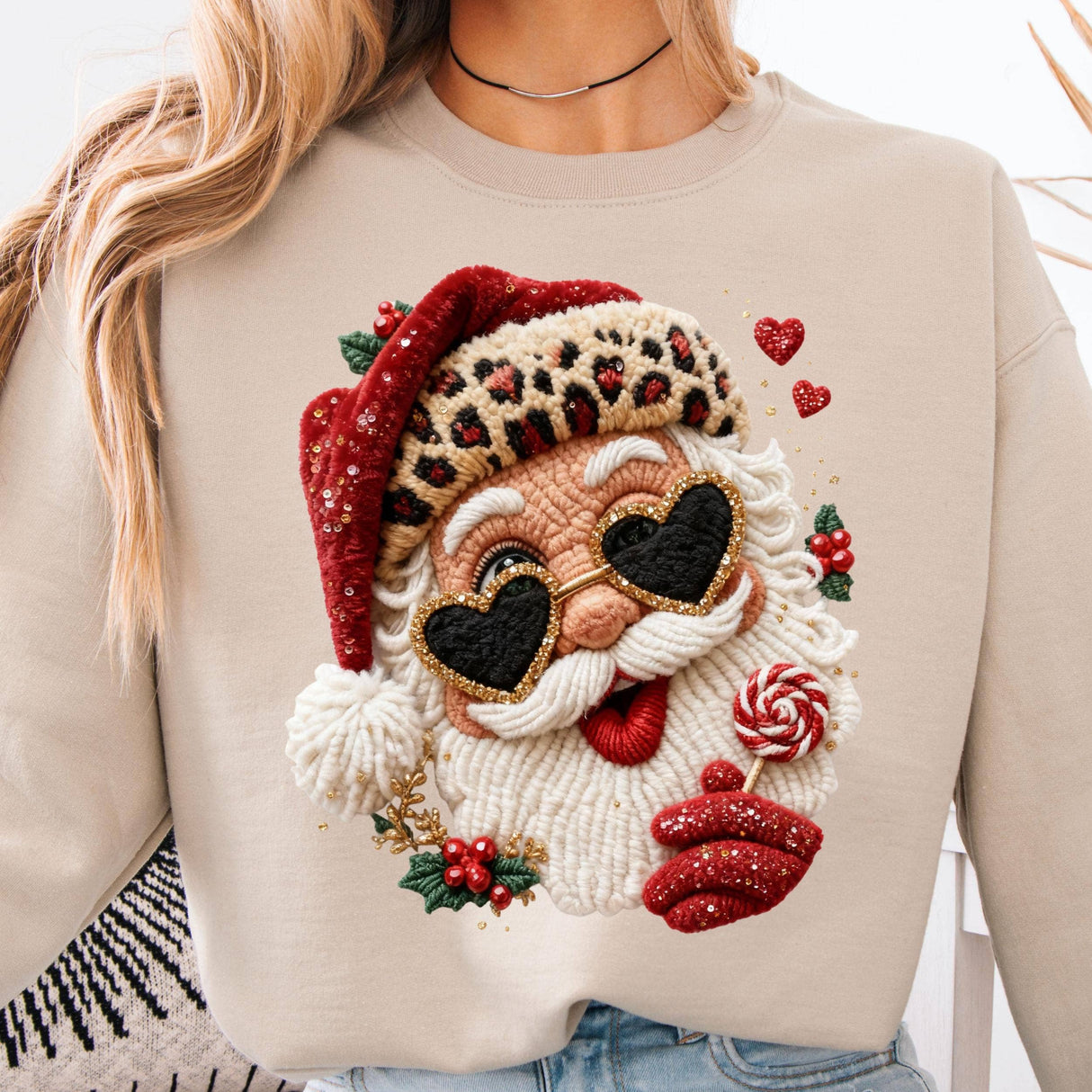 Faux Yarn Crochet Leopard Santa Claus Shirt, Santa Sweater