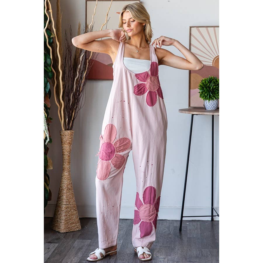 WASHED BIG FLOWER PATCHWORK OVERALL