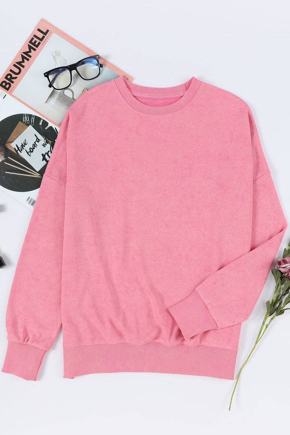 Pink Drop Shoulder Ribbed Trim Oversized Sweatshirt: Pink / M / 75%Polyester+25%Cotton