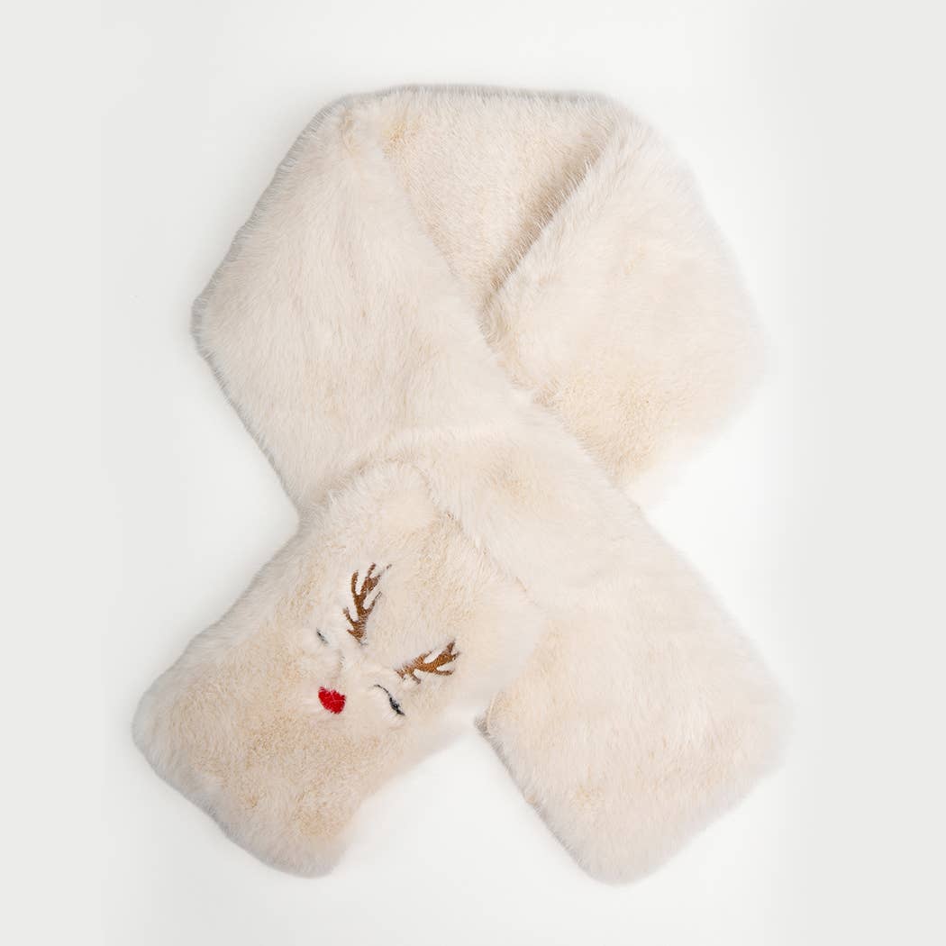 REINDEER Faux Fur Embroidered Pull Through Scarf