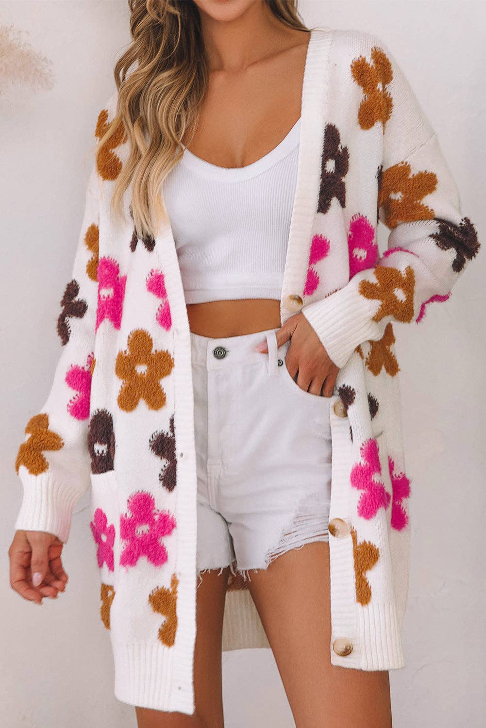 Flower Pattern Pocket Buttoned Cardigan