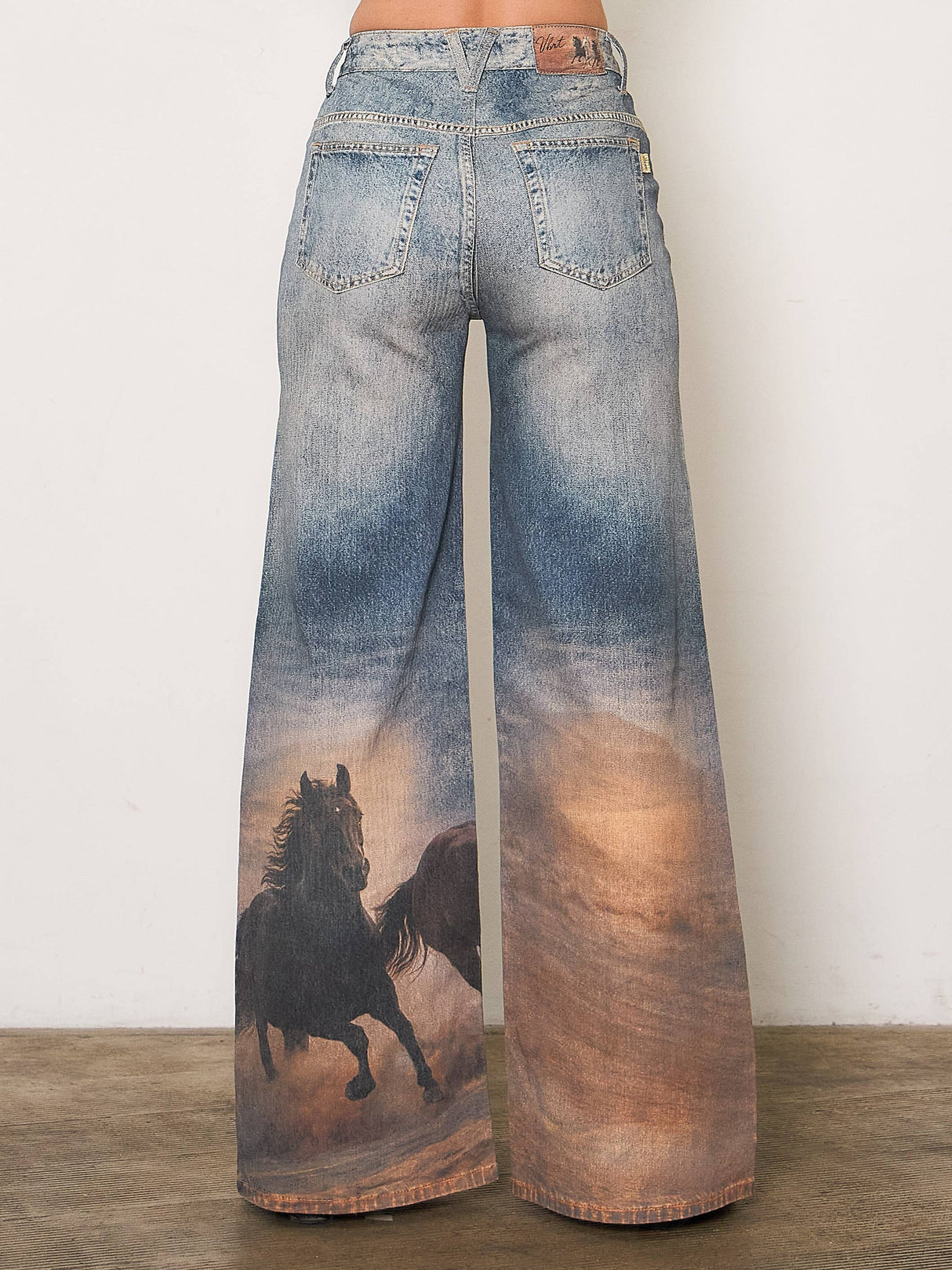 White Horse Digital Print Wide Leg Jeans