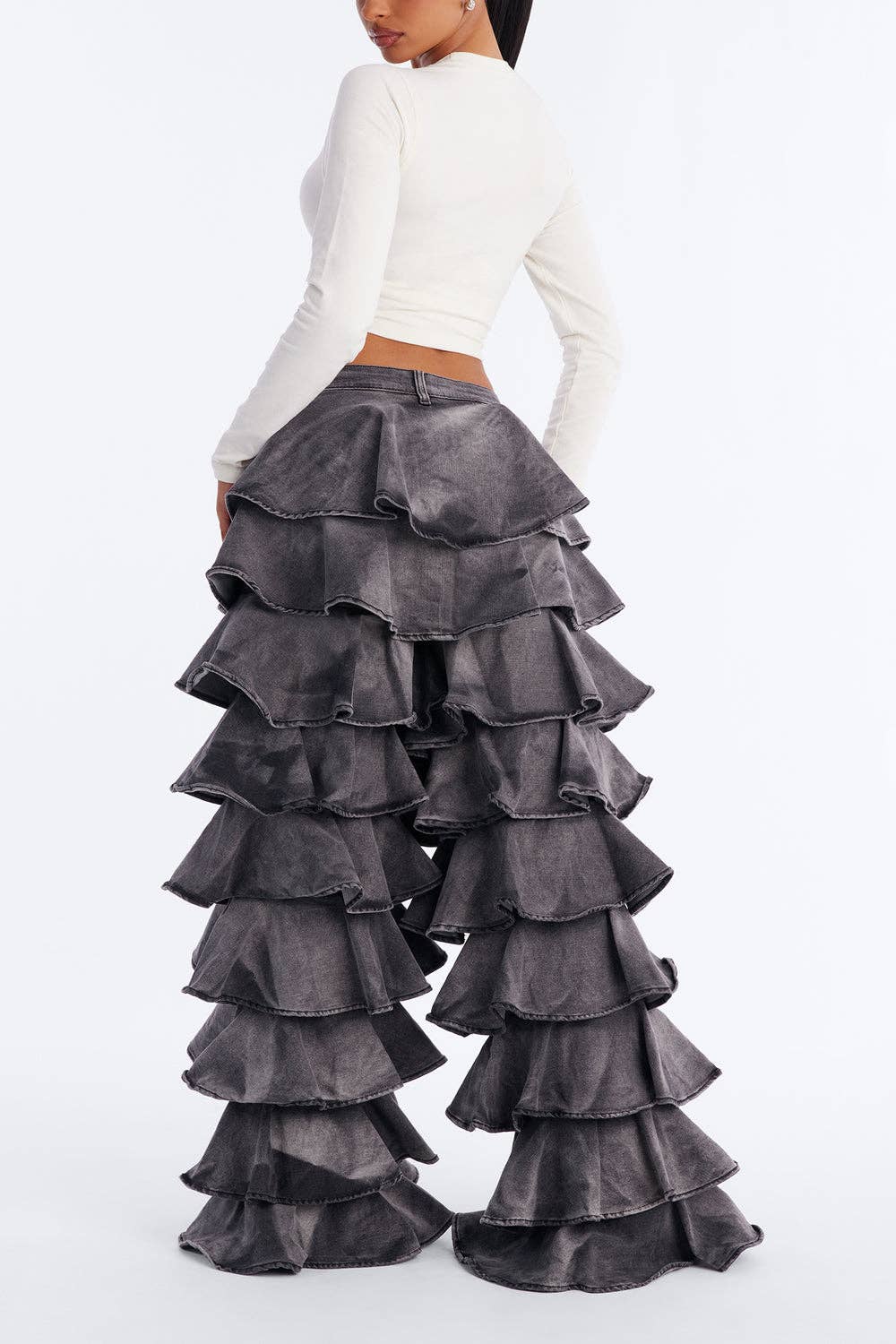 RUFFLE TIERED DENIM PANTS