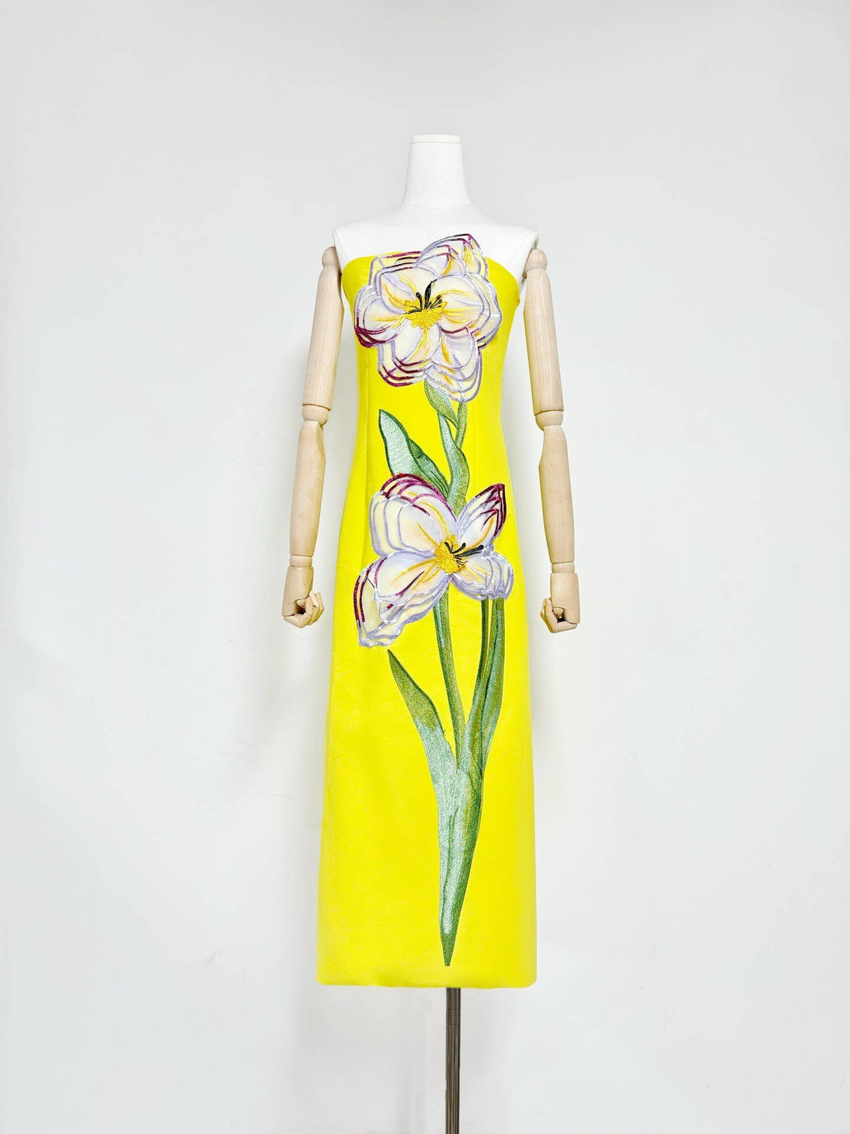 47Y Yellow Retro Tube Top Dress with 3D Floral Embroidery