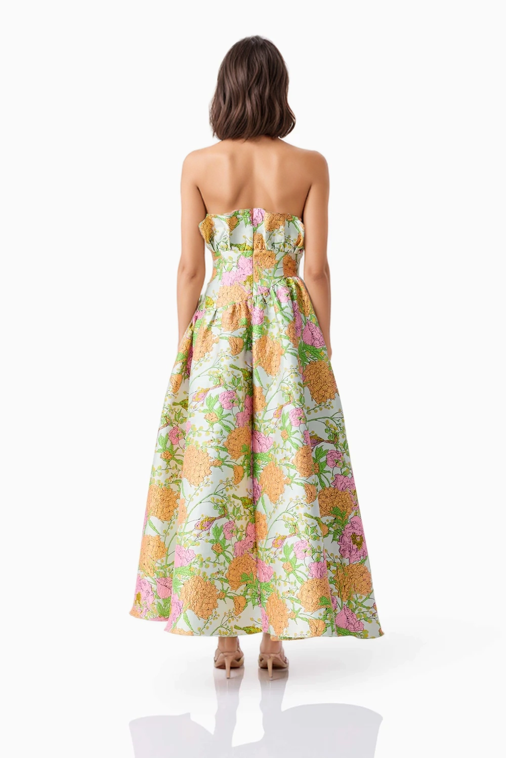 PS15 Pink Floral Jacquard Strapless High-Low Midi Dress