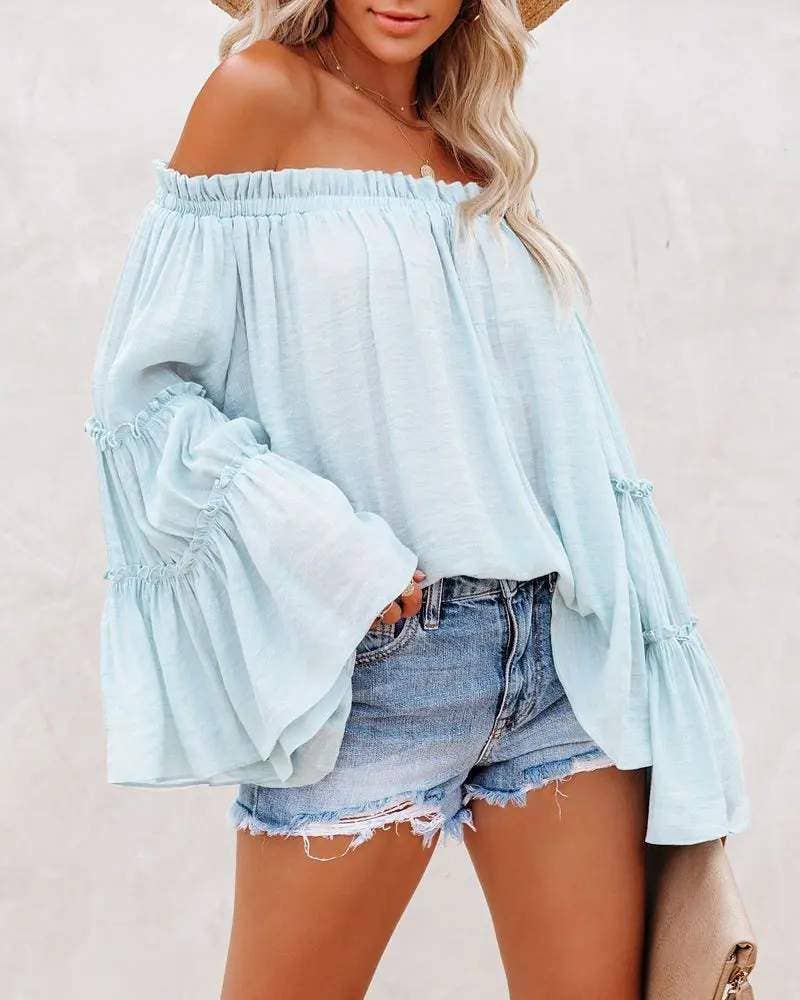 Frill hem off shoulder bell sleeve top