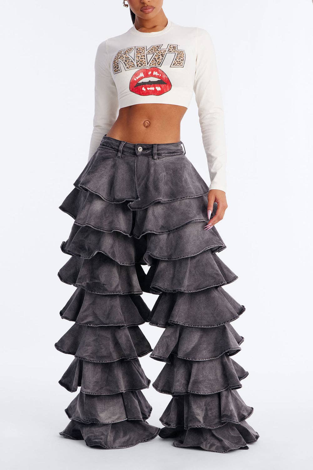 RUFFLE TIERED DENIM PANTS