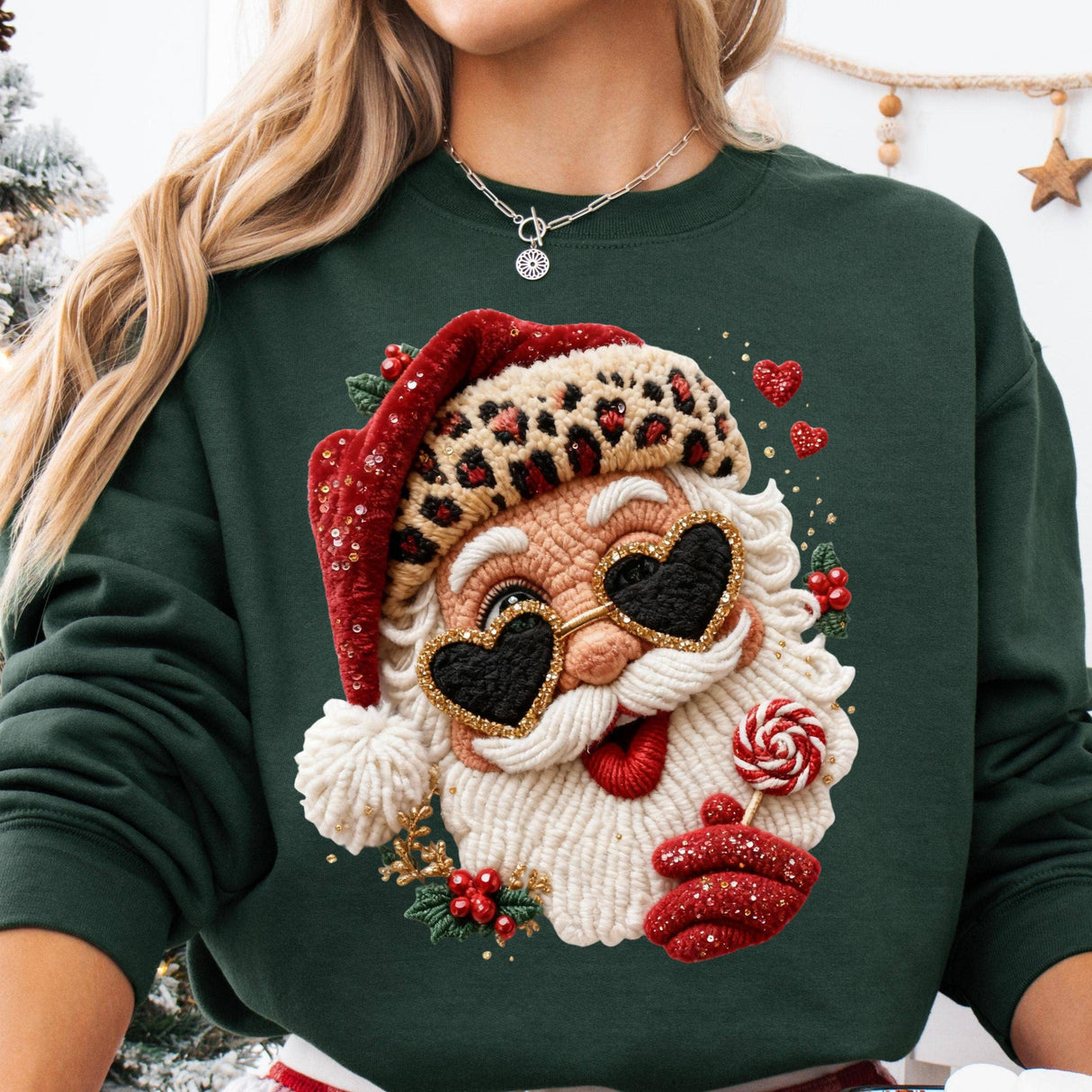 Faux Yarn Crochet Leopard Santa Claus Shirt, Santa Sweater