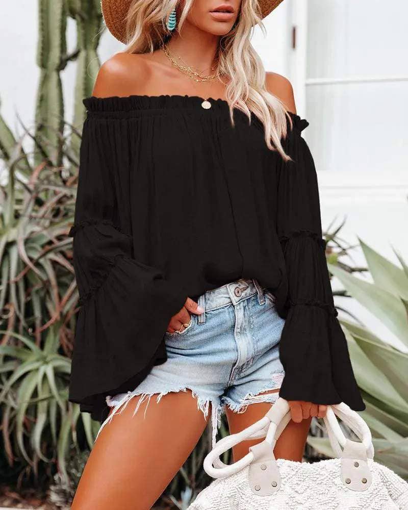 Frill hem off shoulder bell sleeve top