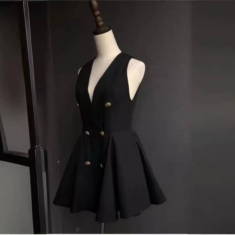 DR0273Y Chic V-Neck Vest Dress - High Waist, Double-Breasted