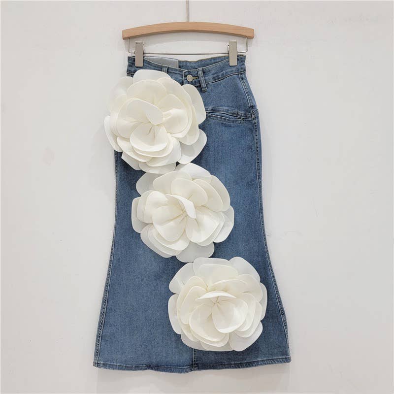 SK061Y High Waist  Denim Skirt with 3D Pink Flower Accents