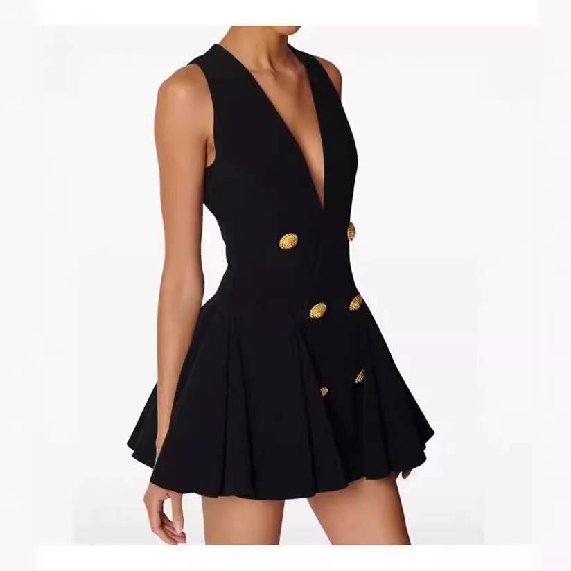 DR0273Y Chic V-Neck Vest Dress - High Waist, Double-Breasted