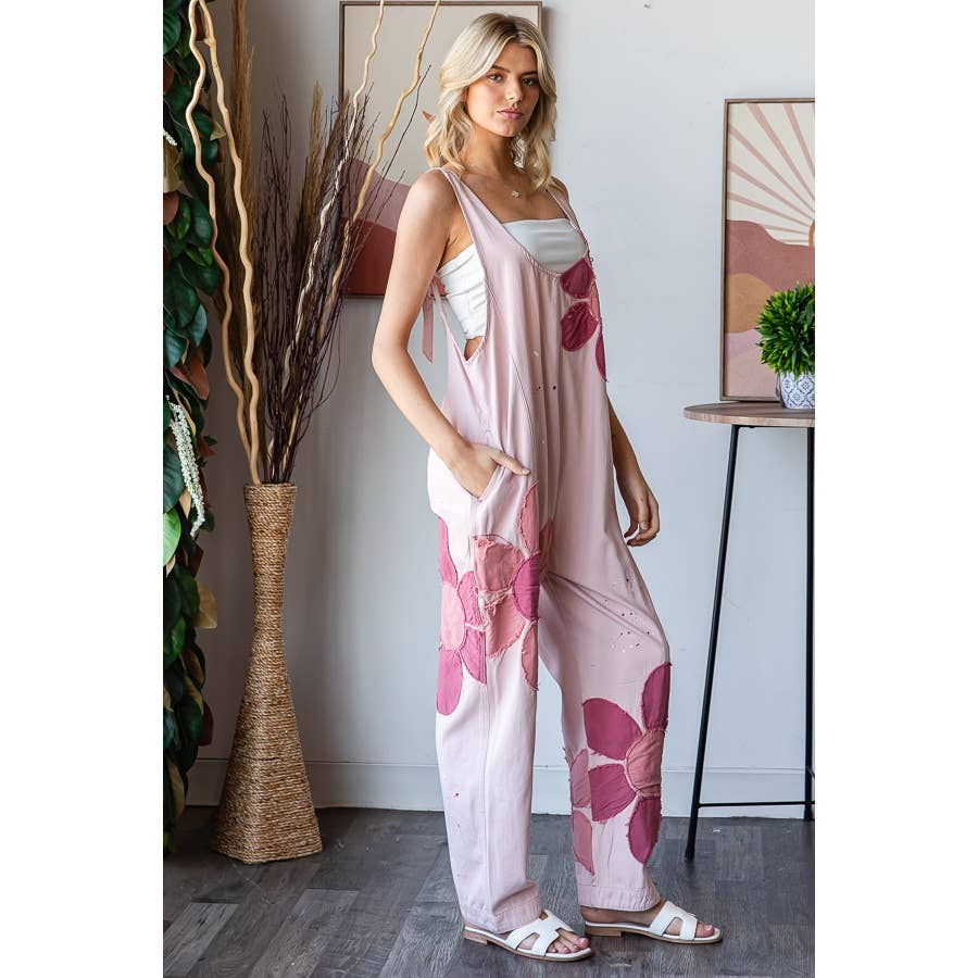 WASHED BIG FLOWER PATCHWORK OVERALL