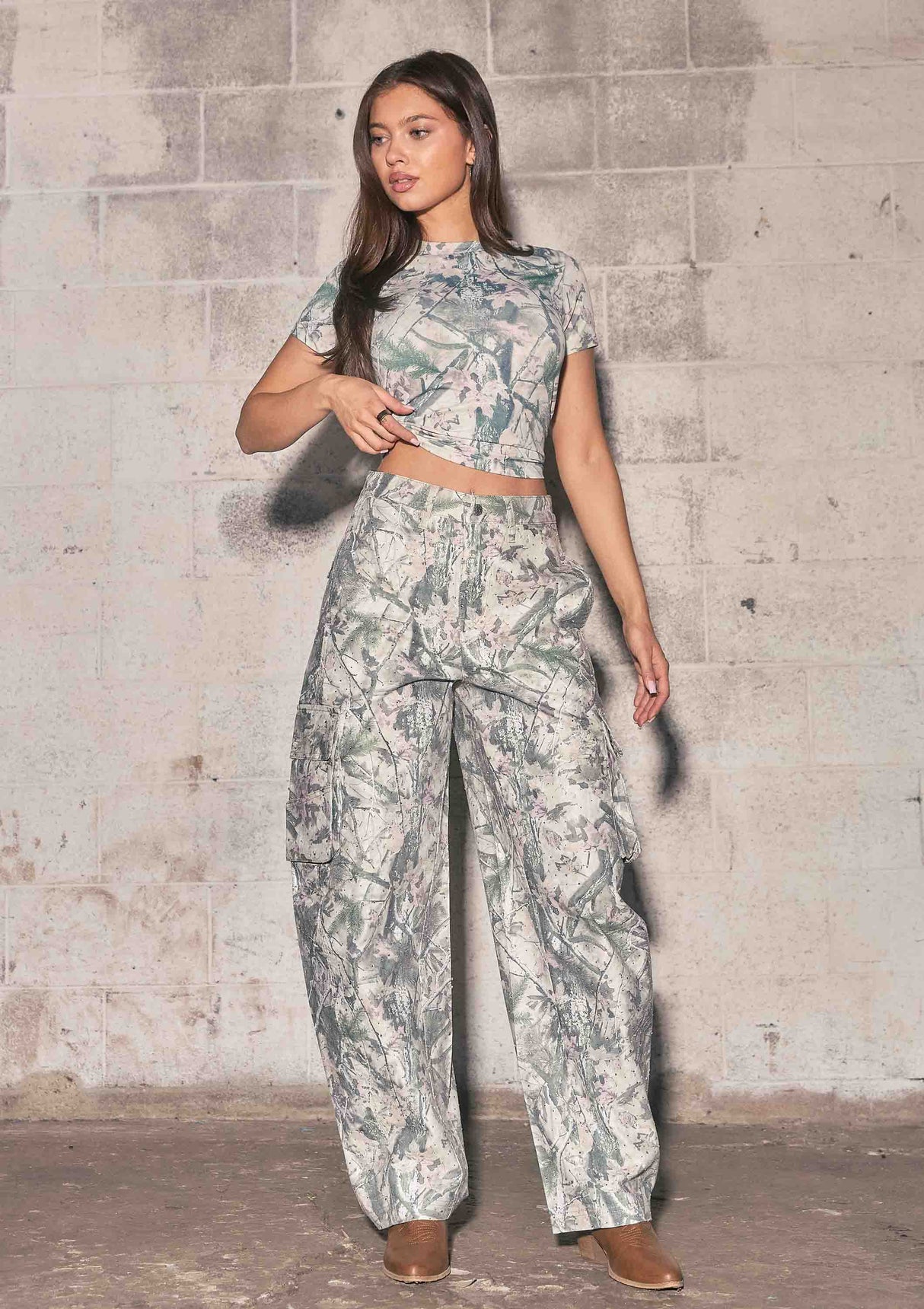 Rhinestone Camo Print Baggy Barrel Jeans