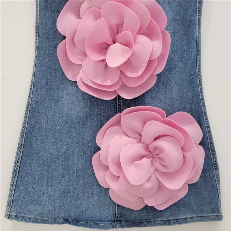 SK061Y High Waist  Denim Skirt with 3D Pink Flower Accents