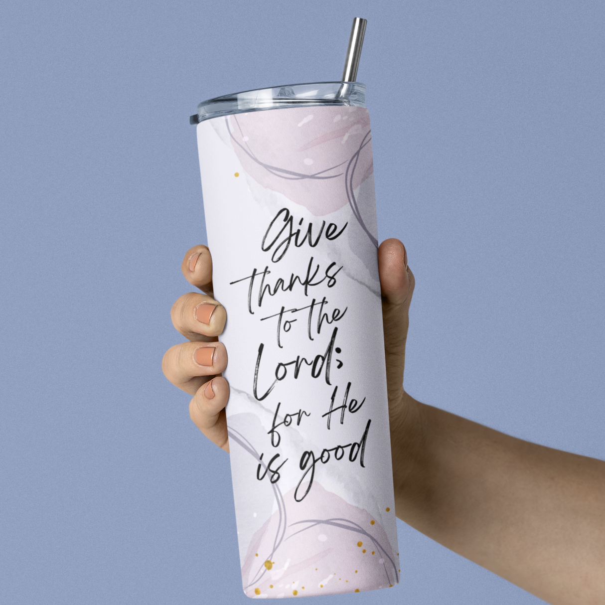 Give Thanks Purple Stainless Steel Double-Wall Vacuum Sealed Insulated 20oz. Travel Tumbler With Straw For Hot or Cold Beverages