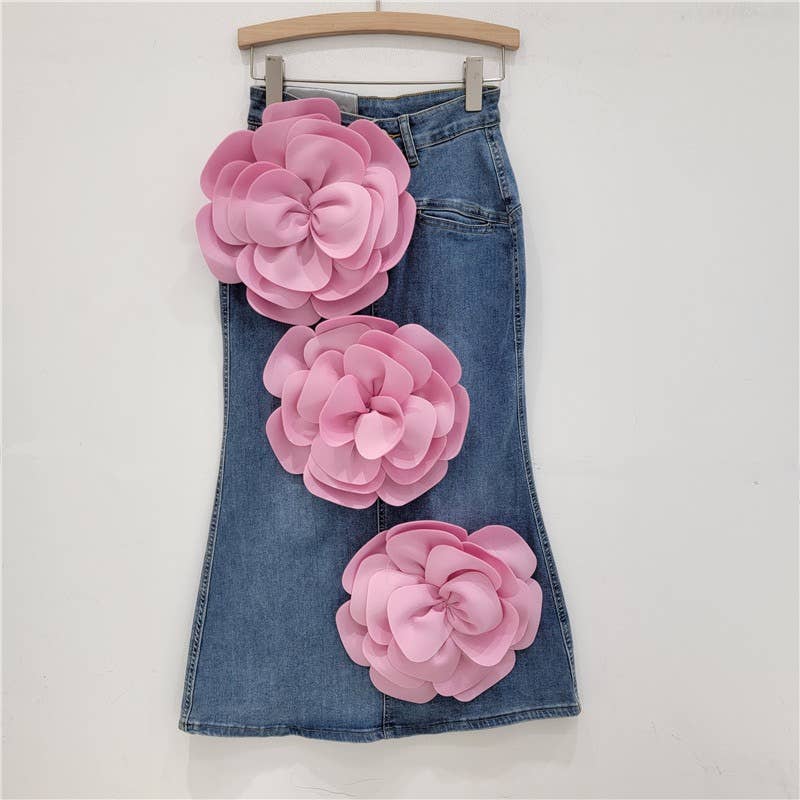 SK061Y High Waist  Denim Skirt with 3D Pink Flower Accents
