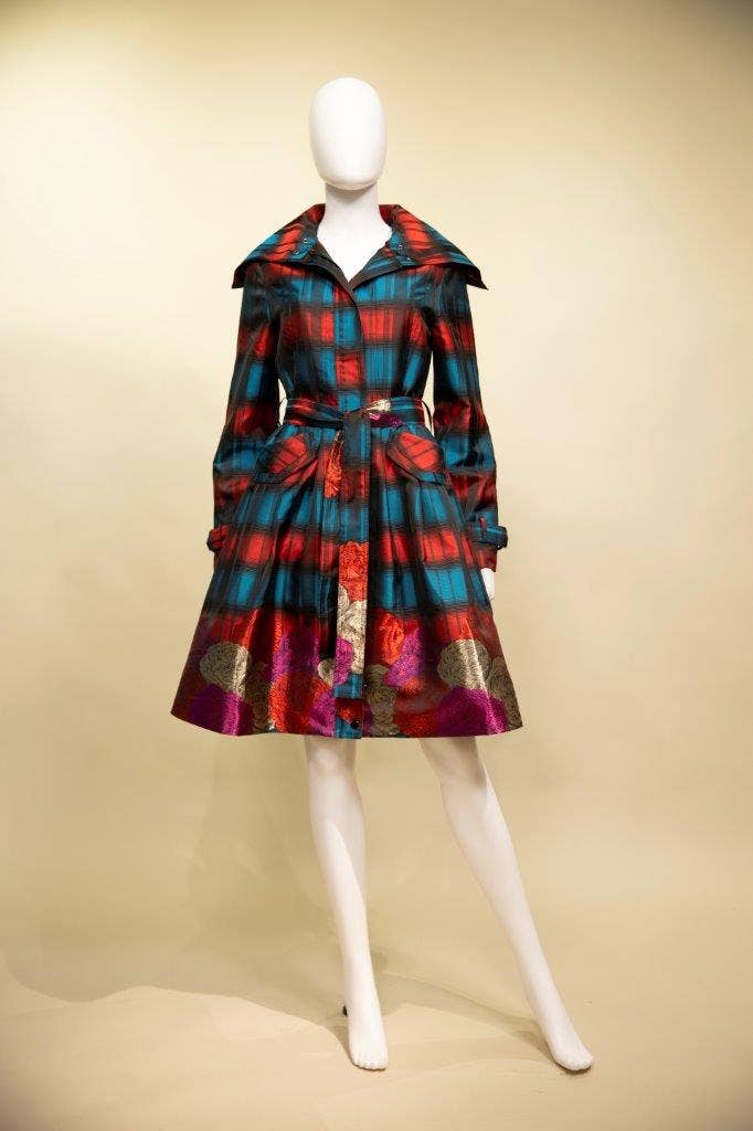 Yarn-Dyed Plaid & Floral Brocade Dress-Coat Pocket - 17244