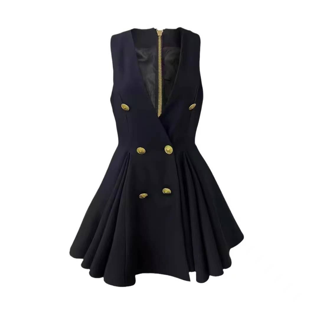 DR0273Y Chic V-Neck Vest Dress - High Waist, Double-Breasted