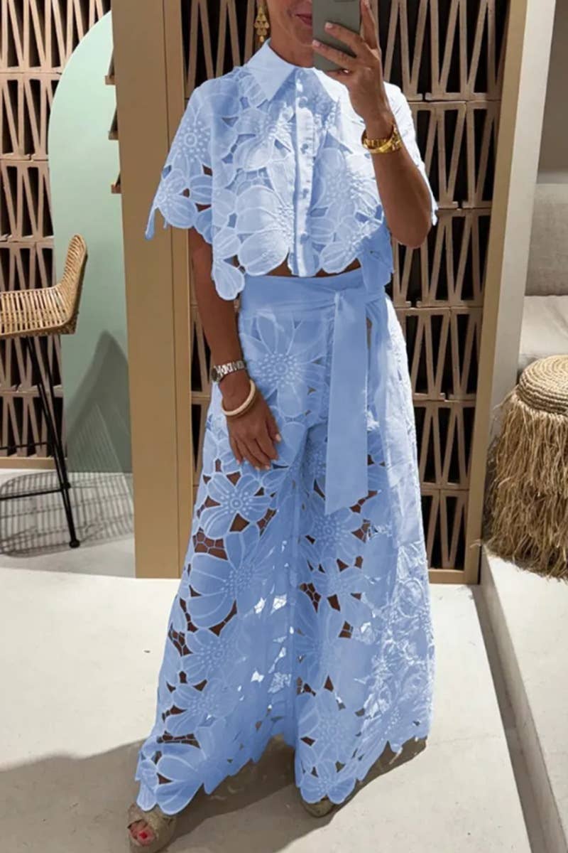 Crochet Floral Lace Button-down shirts & wide leg pant set