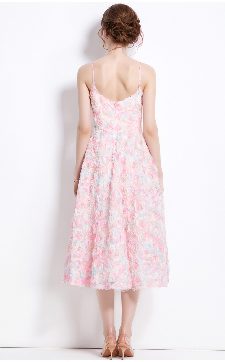 DR508 3D Rose Lace Pink Off-shoulder Holiday Suspender Dress