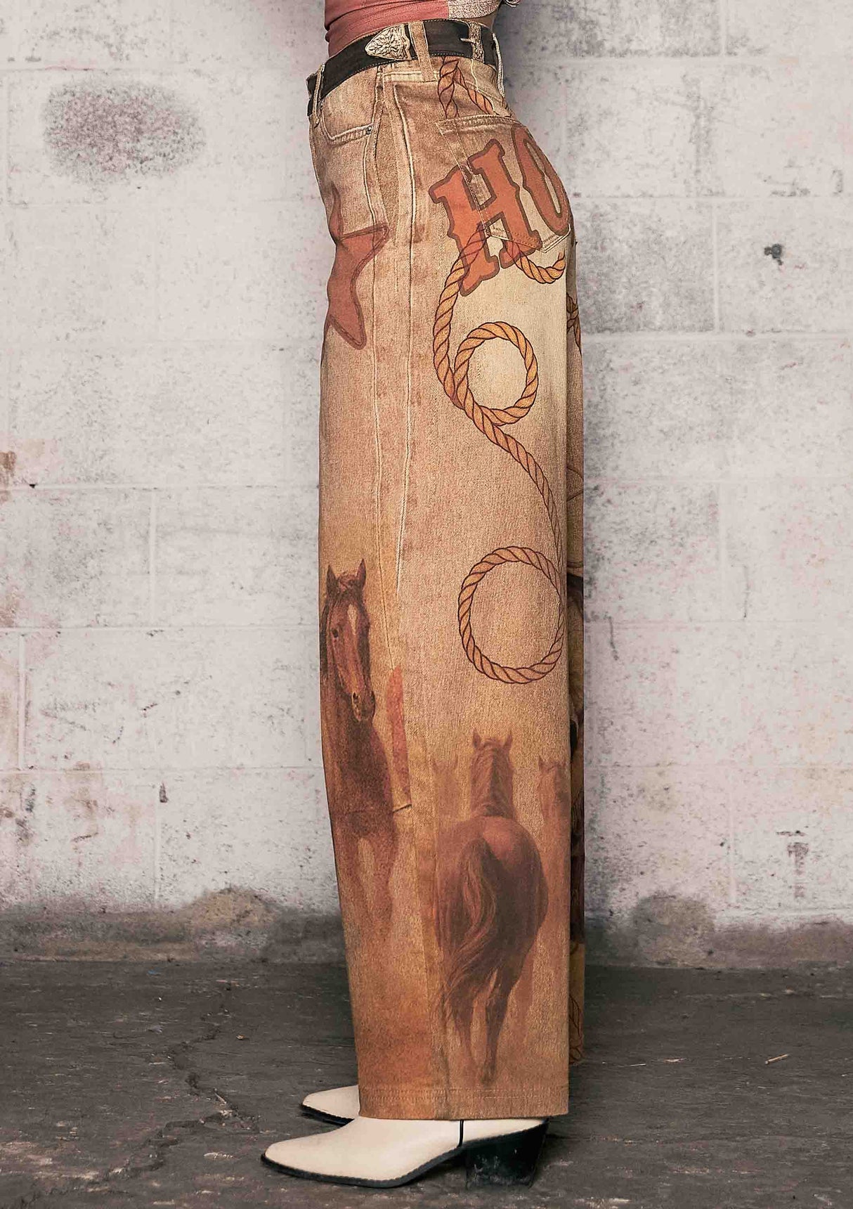 Cow Boots Digital Print Wide Leg Jeans