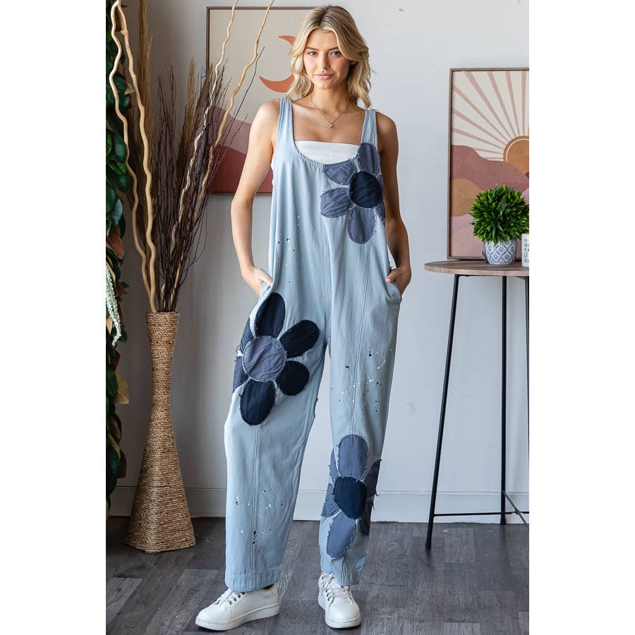 WASHED BIG FLOWER PATCHWORK OVERALL