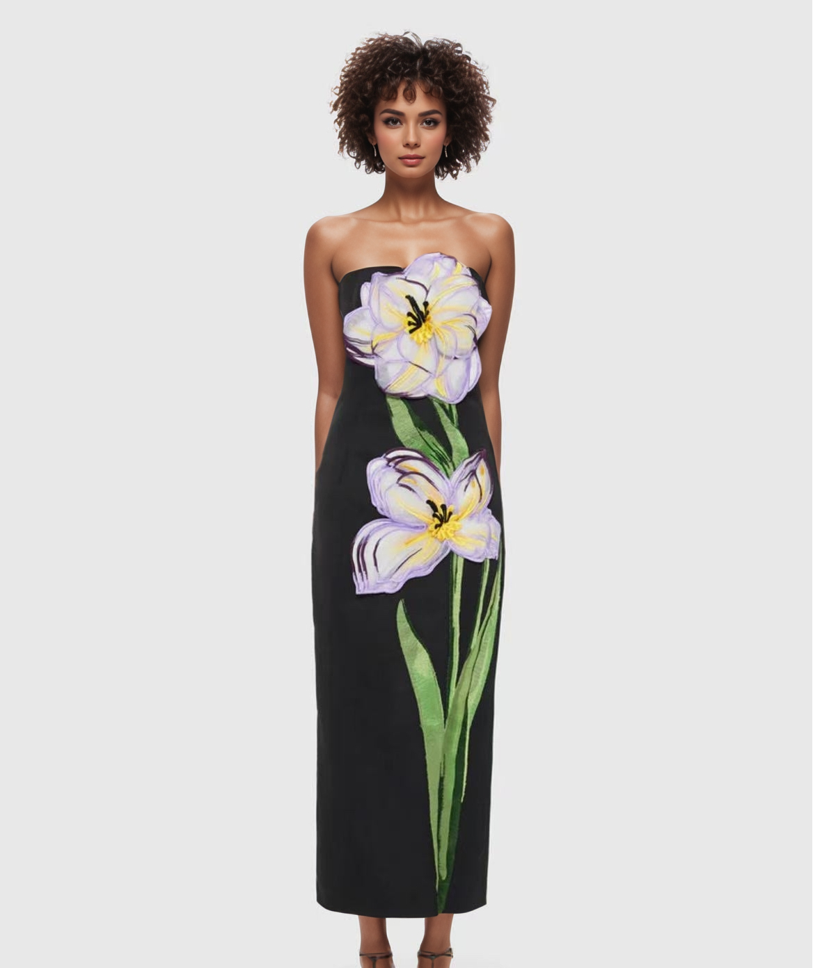 47Y Yellow Retro Tube Top Dress with 3D Floral Embroidery