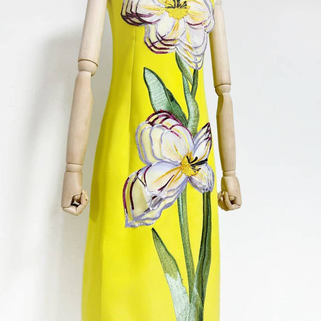 47Y Yellow Retro Tube Top Dress with 3D Floral Embroidery