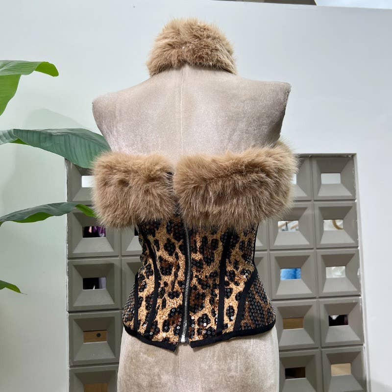 59Y Leopard Sequin Tube Top with Eco-Fur Three-Piece Set