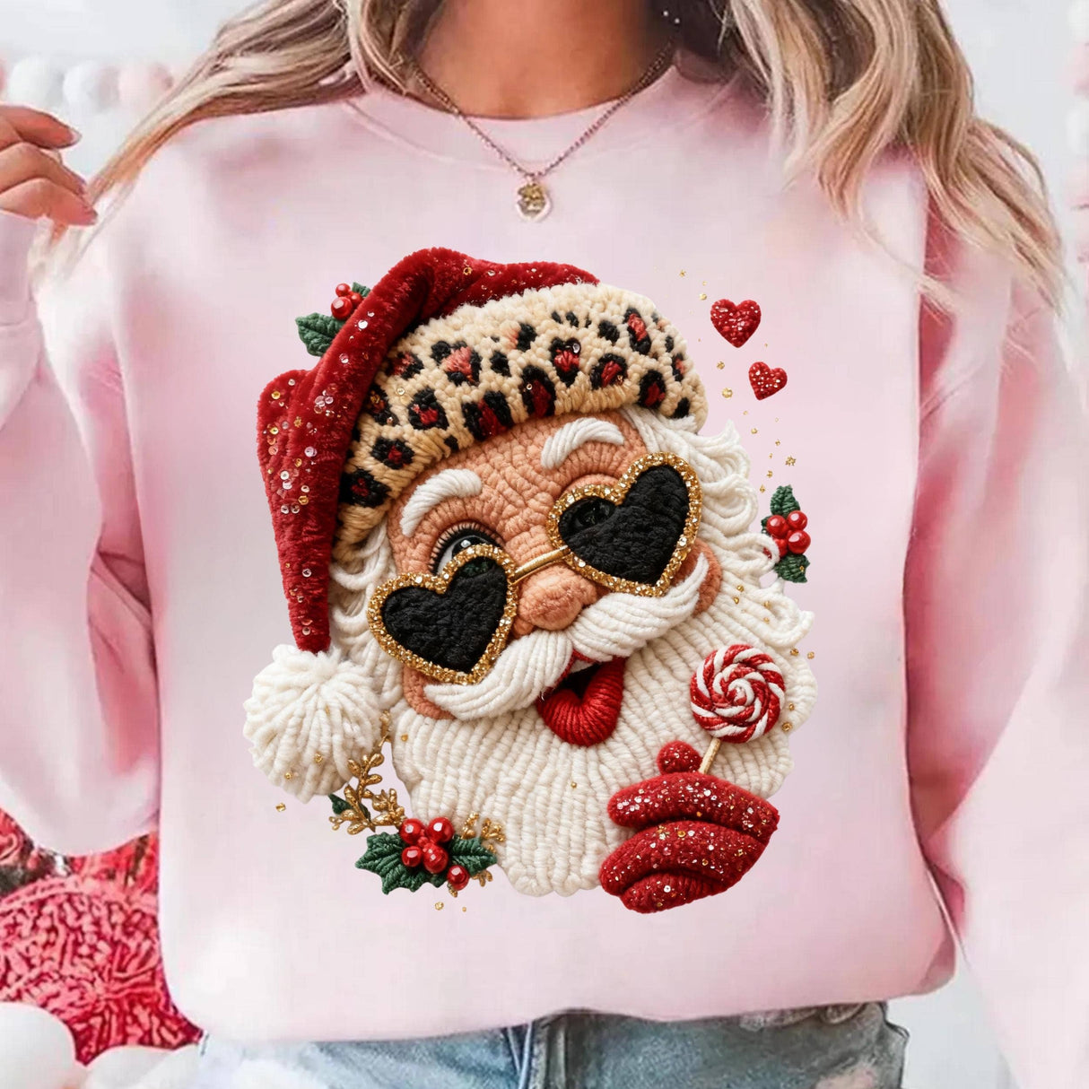 Faux Yarn Crochet Leopard Santa Claus Shirt, Santa Sweater