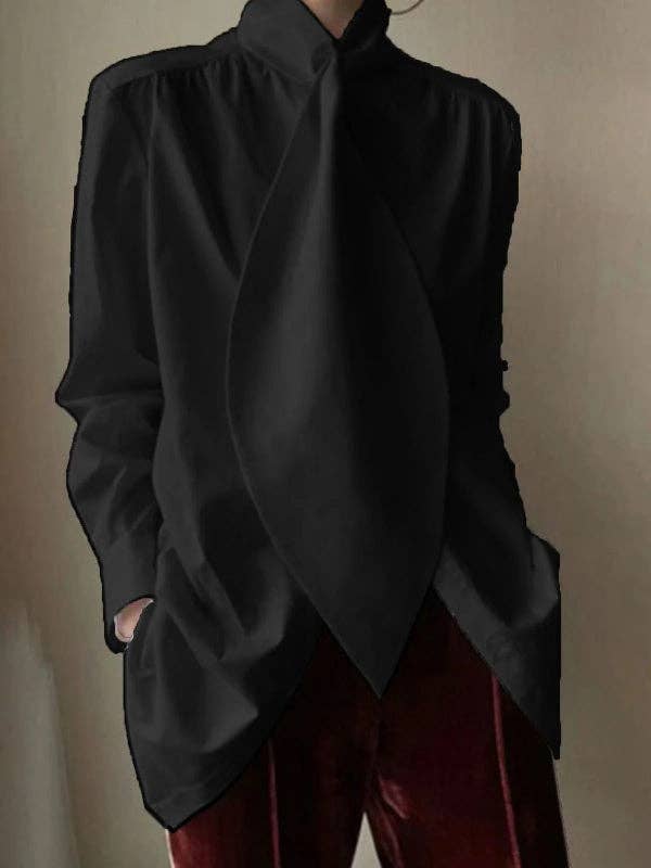 Long Sleeves Loose Solid Color High-Neck Blouses&Shirts Tops