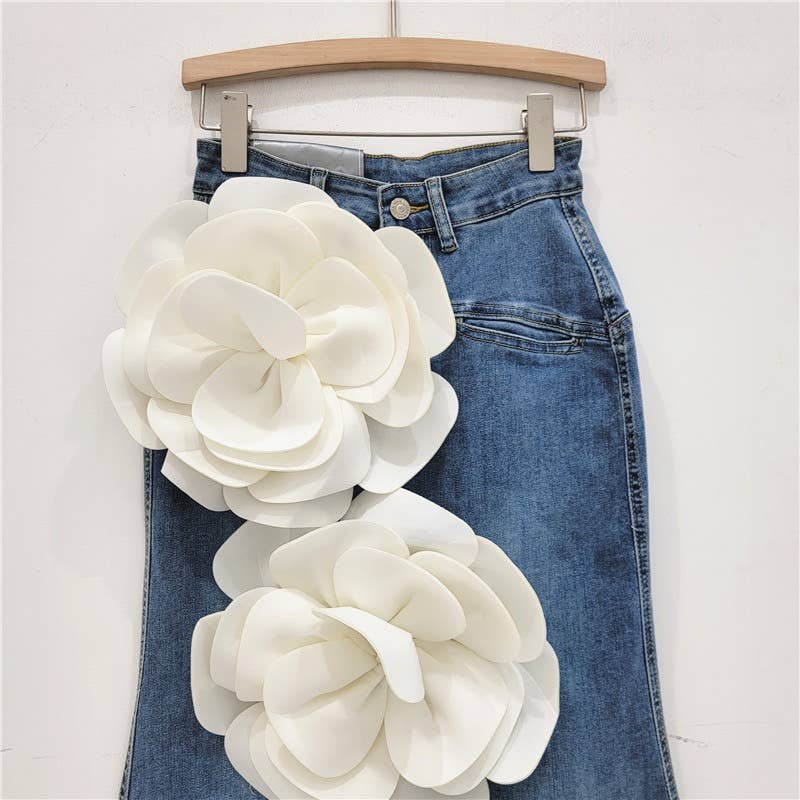 SK061Y High Waist  Denim Skirt with 3D Pink Flower Accents