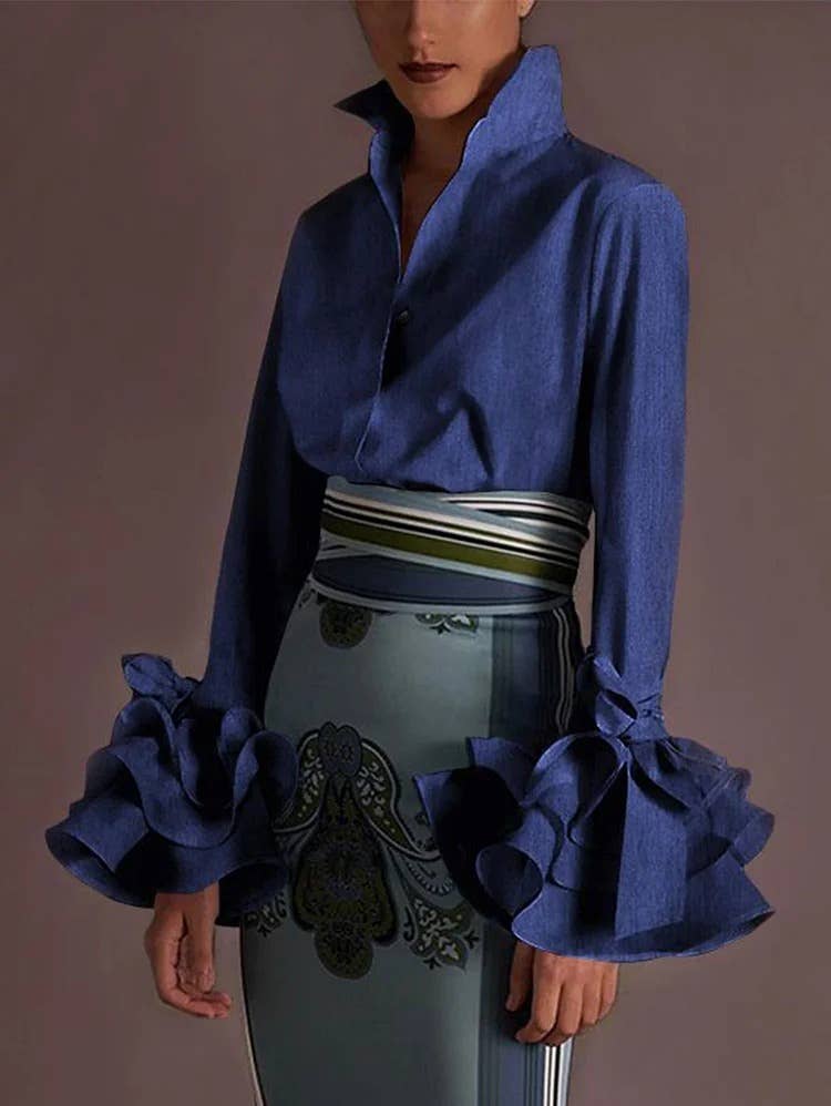 V neck long sleeve flower hem blouse